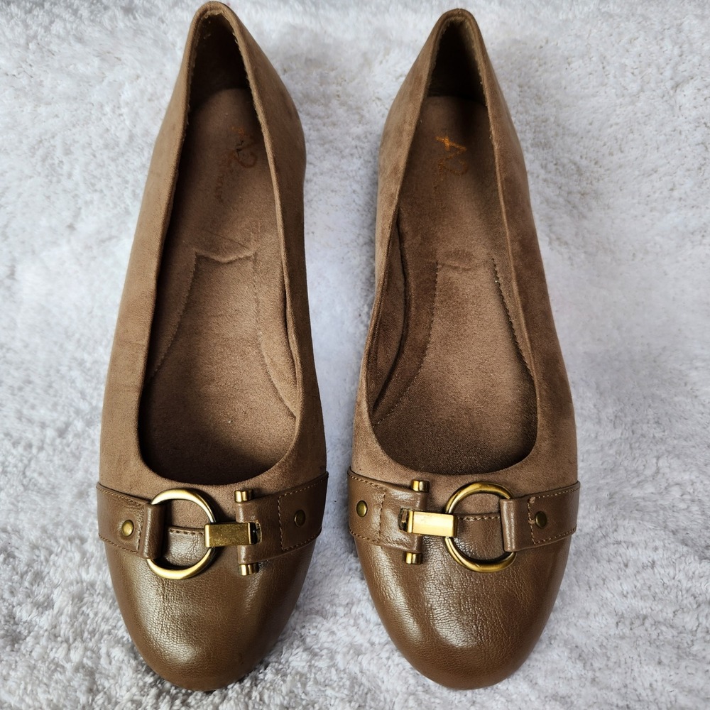 A2 by Aerosoles Womens Brown Faux Suede Buckle Accent Almond Toe Flats Size 10